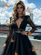 Black Tulle Lace Long Sleeve Prom Dress