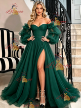 Green Long Sleeve Off the Shoulder Prom Dress