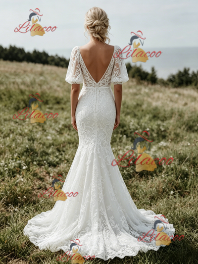 White Mermaid V-neck Puff Sleeve Wedding Dress