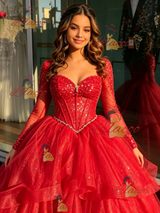 Red Tulle Long Sleeve Beading Quinceanera Dress