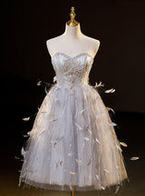 Gray Tulle Feather Beading Short Prom Dress