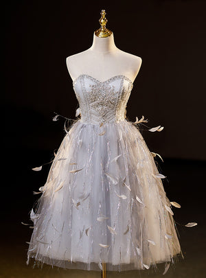 Gray Tulle Feather Beading Short Prom Dress