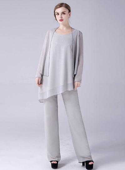 Gray Chiffon 3 Piece Mother Of The Bride Dress
