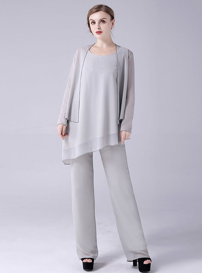 Gray Chiffon 3 Piece Mother Of The Bride Dress