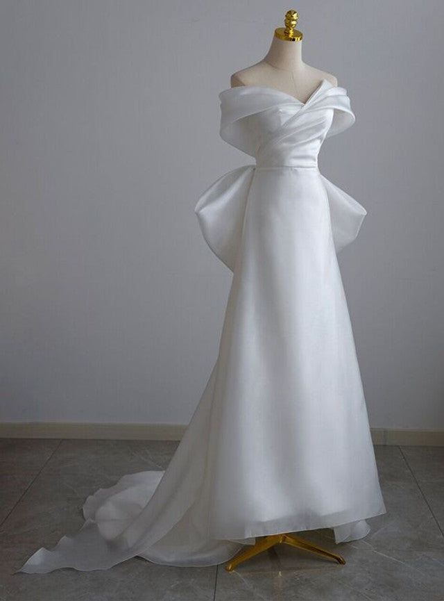 White Satin Off the Shoulder Wedding Dress
