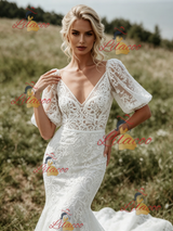 White Mermaid V-neck Puff Sleeve Wedding Dress
