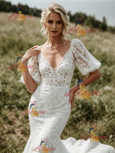 White Mermaid V-neck Puff Sleeve Wedding Dress