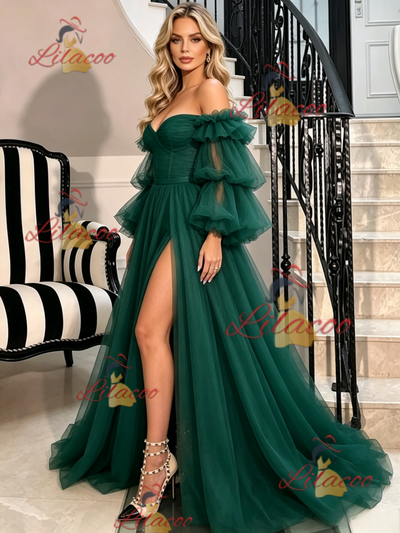 Green Long Sleeve Off the Shoulder Prom Dress