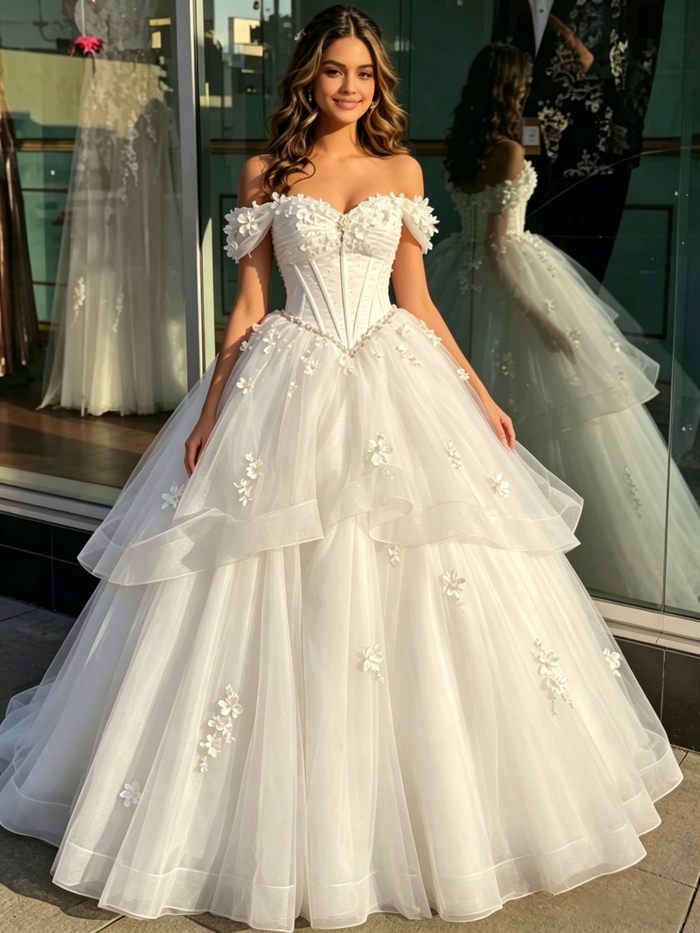 White TUlle Off the Shoulder Appliques Quinceanera Dress