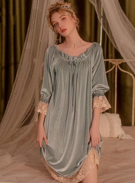 Solid Color Velvet Lace V-neck Loose Nightgown