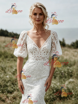 White Mermaid V-neck Puff Sleeve Wedding Dress