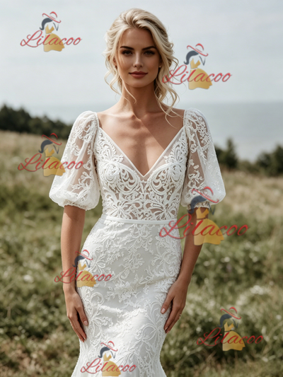 White Mermaid V-neck Puff Sleeve Wedding Dress