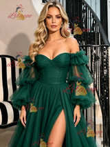 Green Long Sleeve Off the Shoulder Prom Dress