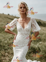 White Mermaid V-neck Puff Sleeve Wedding Dress