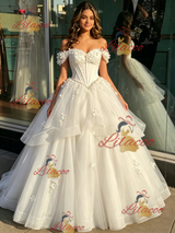White TUlle Off the Shoulder Appliques Quinceanera Dress
