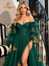 Green Long Sleeve Off the Shoulder Prom Dress