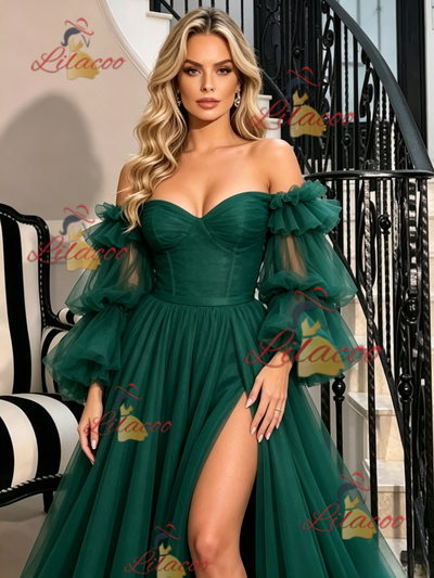 Green Long Sleeve Off the Shoulder Prom Dress