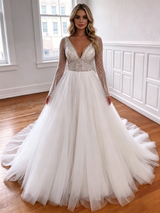 White Tulle V-neck Long Sleeve Wedding Dress