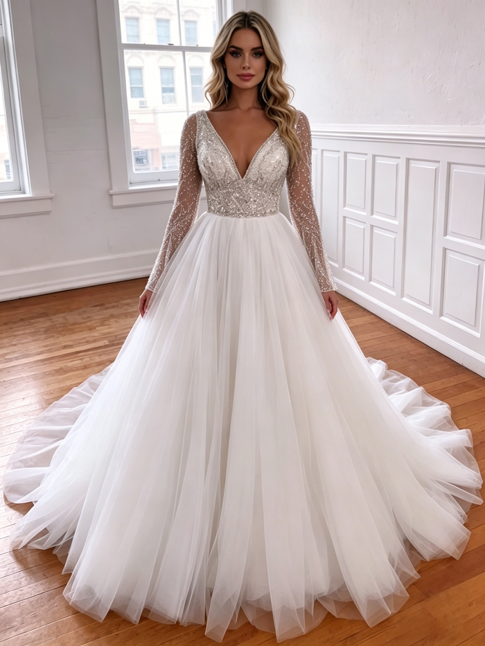 White Tulle V-neck Long Sleeve Wedding Dress