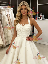White Tulle Halter Appliques Wedding Dress