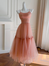 Orange Pink Tulle Pleats Straps Prom Dress