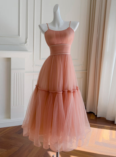 Orange Pink Tulle Pleats Straps Prom Dress