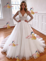 White Tulle V-neck Long Sleeve Wedding Dress