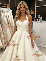 White Tulle Halter Appliques Wedding Dress