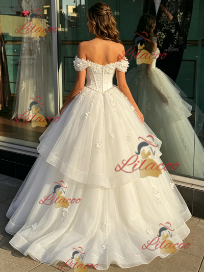 White TUlle Off the Shoulder Appliques Quinceanera Dress