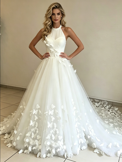 White Tulle Halter Butterfly Wedding Dress
