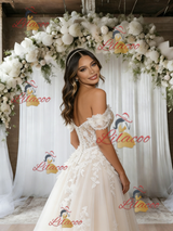 Beige White Lace Off the Shoulder Appliques Wedding Dress