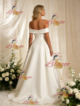 Beige White Satin Off the Shoulder Wedding Dress