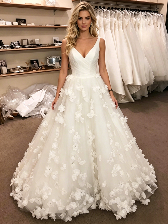 White Tulle V-neck Flower Wedding Dress