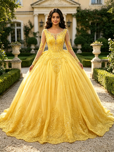 Yellow Tulle Appliques Long Sleeve Quinceanera Dress