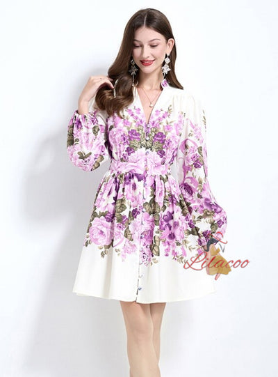 Retro Palace V-neck Long Sleeve Printed Dress