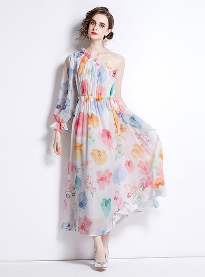 Bubble Sleeve Slim Print Dress