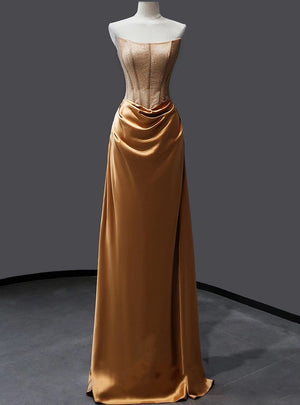 Brown Satin Strapless Pleats Prom Dress