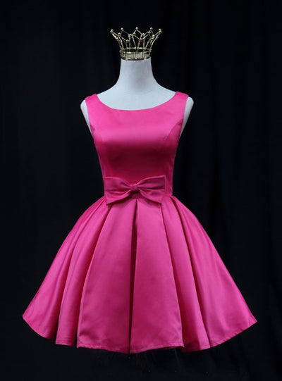 Simple Fuchsia Satin Bow Homecoming Dress