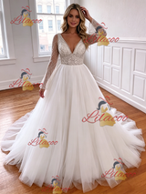 White Tulle V-neck Long Sleeve Wedding Dress