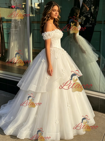 White TUlle Off the Shoulder Appliques Quinceanera Dress