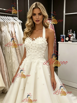 White Tulle Halter Appliques Wedding Dress