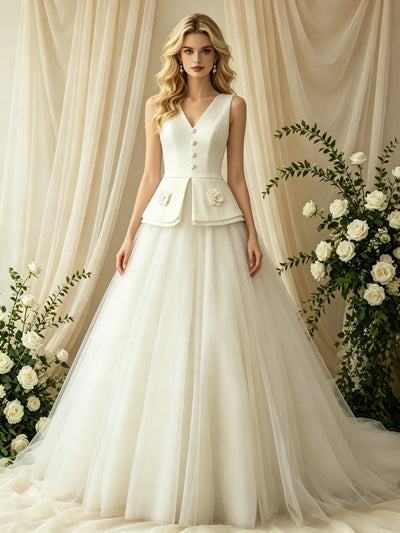 Ivory V-neck Button Flower Wedding Dress