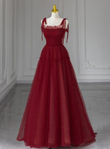 Burgundy Tulle Straps Pleats Beading Prom Dress