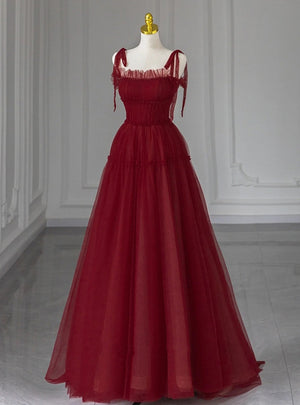 Burgundy Tulle Straps Pleats Beading Prom Dress