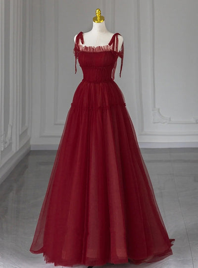 Burgundy Tulle Straps Pleats Beading Prom Dress