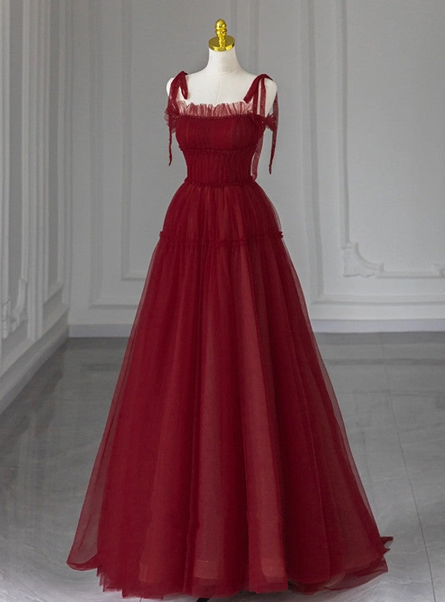 Burgundy Tulle Straps Pleats Beading Prom Dress