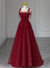 Burgundy Tulle Straps Pleats Beading Prom Dress