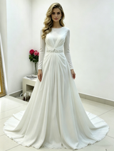 White Chiffon Long Sleeve Pleats Beading Wedding Dress