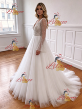 White Tulle V-neck Long Sleeve Wedding Dress