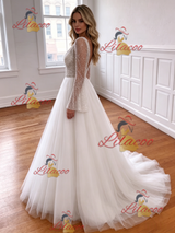 White Tulle V-neck Long Sleeve Wedding Dress
